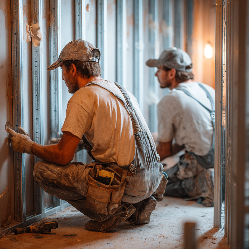 Dvaja sadrokartonári montujú kovovú konštrukciu pre sadrokartónové steny 2