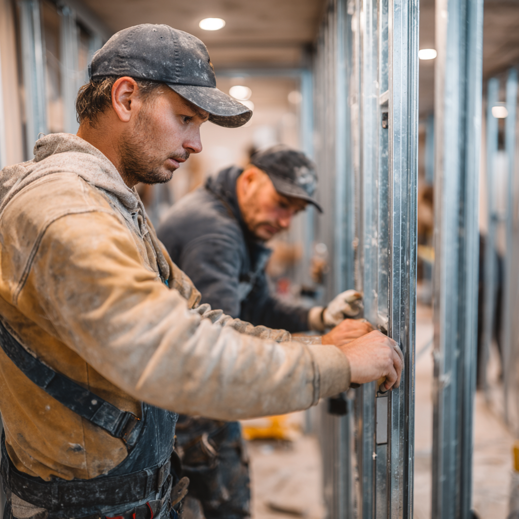 Dvaja sadrokartonári montujú kovovú konštrukciu pre sadrokartónové steny 3