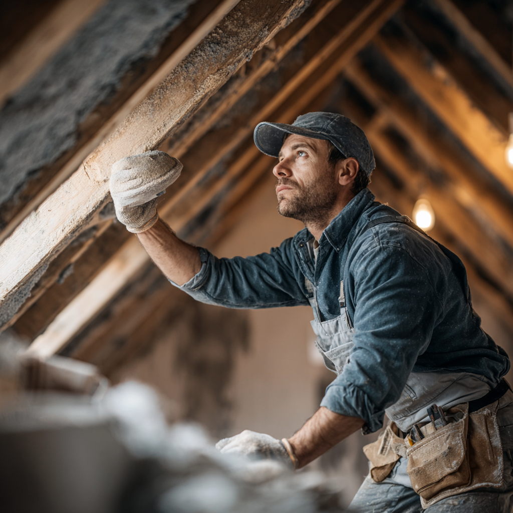 Sadrokartonár pracuje na montáži sadrokartónového stropu v podkroví