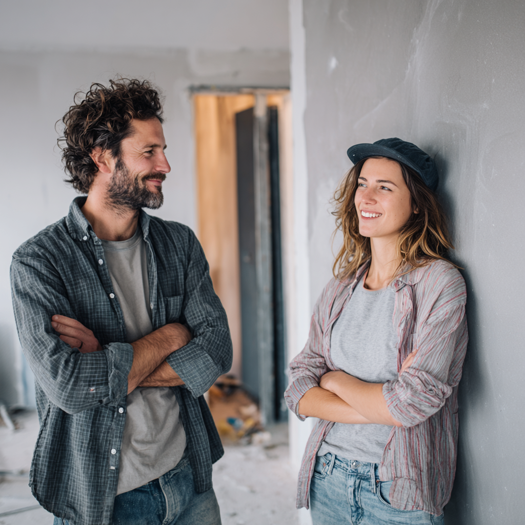 Spokojný klient kontroluje hotovú sadrokartónovú stenu po dokončení prác 2